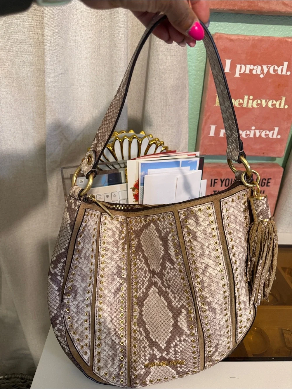 Michael Kors Taupe and Cream Snake-Print Shoulder Bag